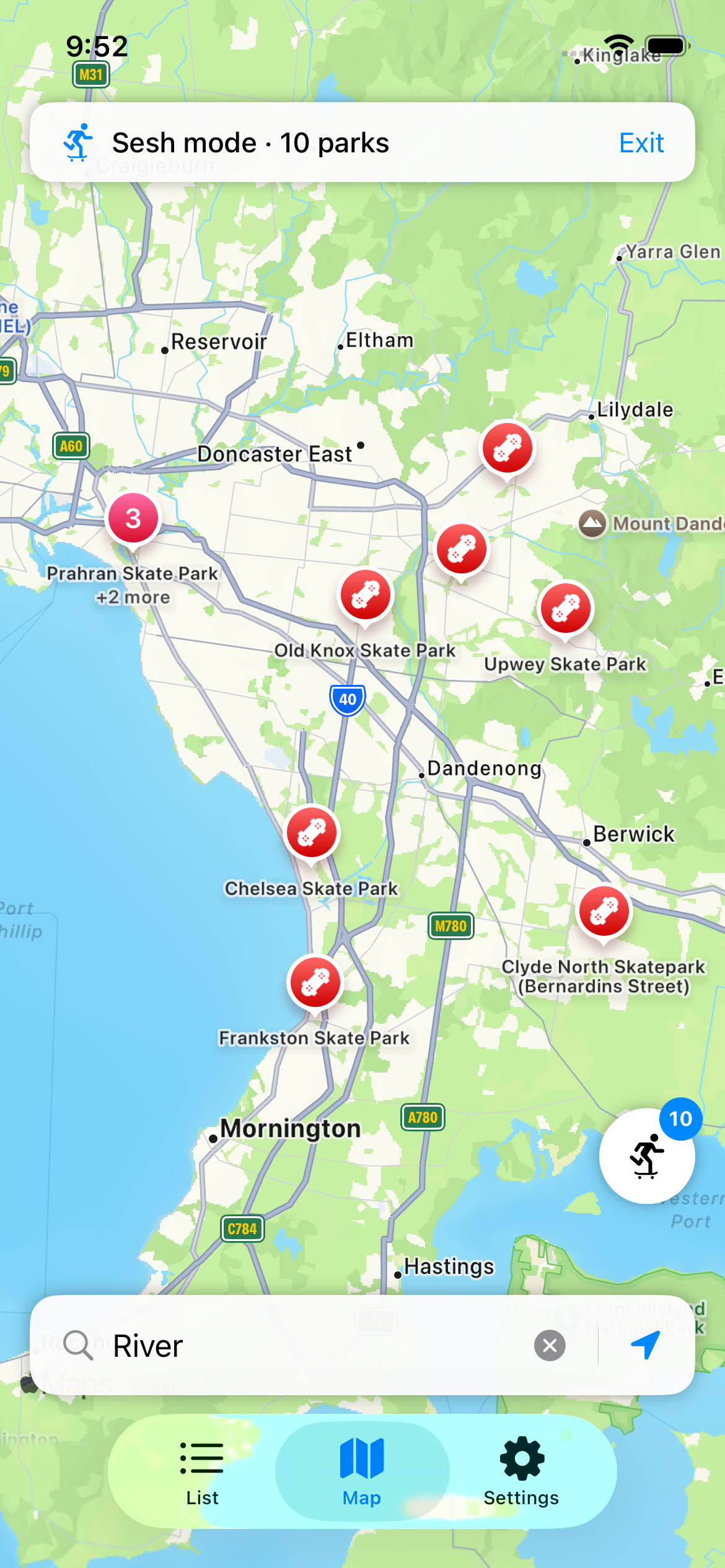Skatepark Finder Sesh view showing a list of ten parks on a Melbourne map